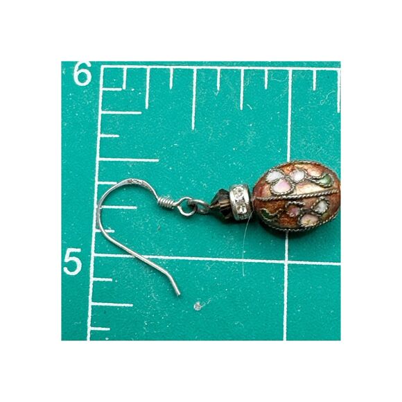 Vintage Cloisonne Dainty Drop Earrings Oval Bead Pink Red Sterling Silver - Picture 6 of 12